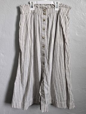 Madewell Cream and Gray Striped Button-Front Midi Skirt
